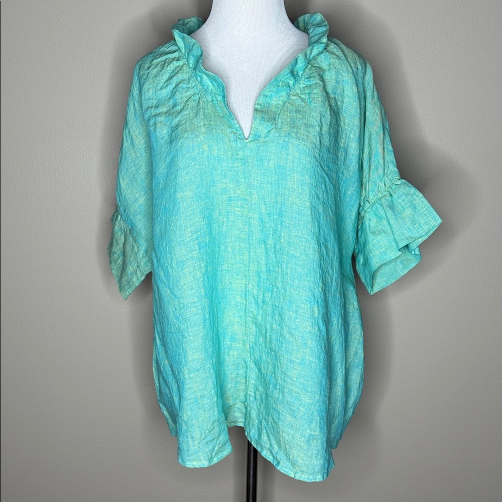 Finley Crosby womens green short sleeve shirt 100% linen size XL.